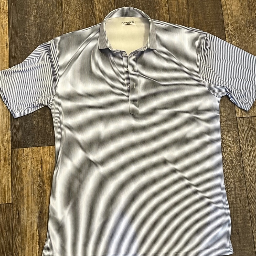 Collars & Co. Regent Blue Stripe semi-spread collar polo Shirt Size Large